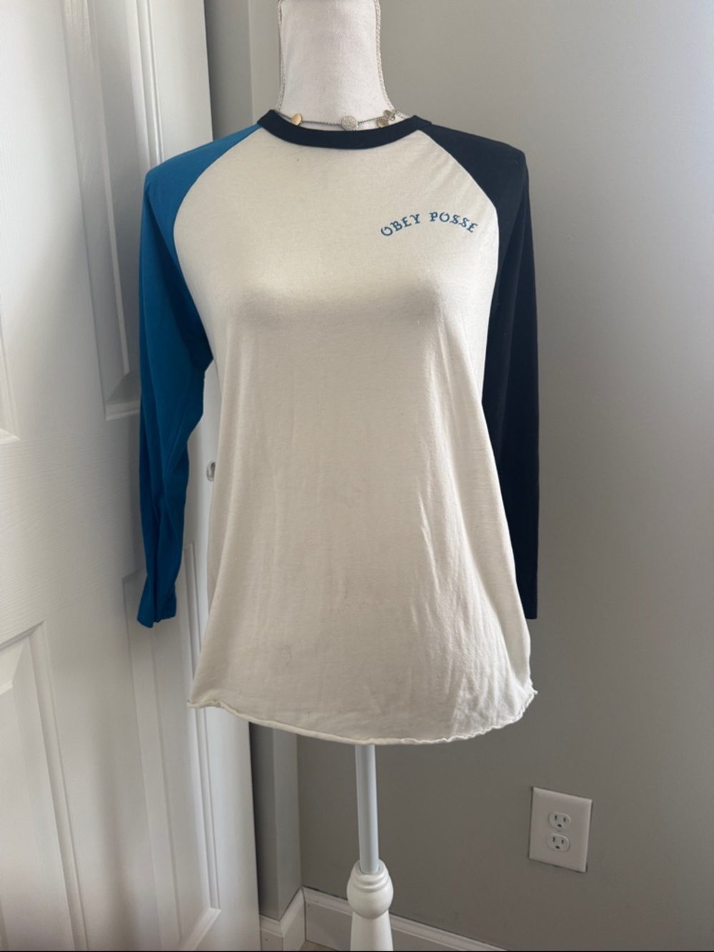 Obey Two-Tone Raglan Tee - Cream with Blue & Black Sleeves